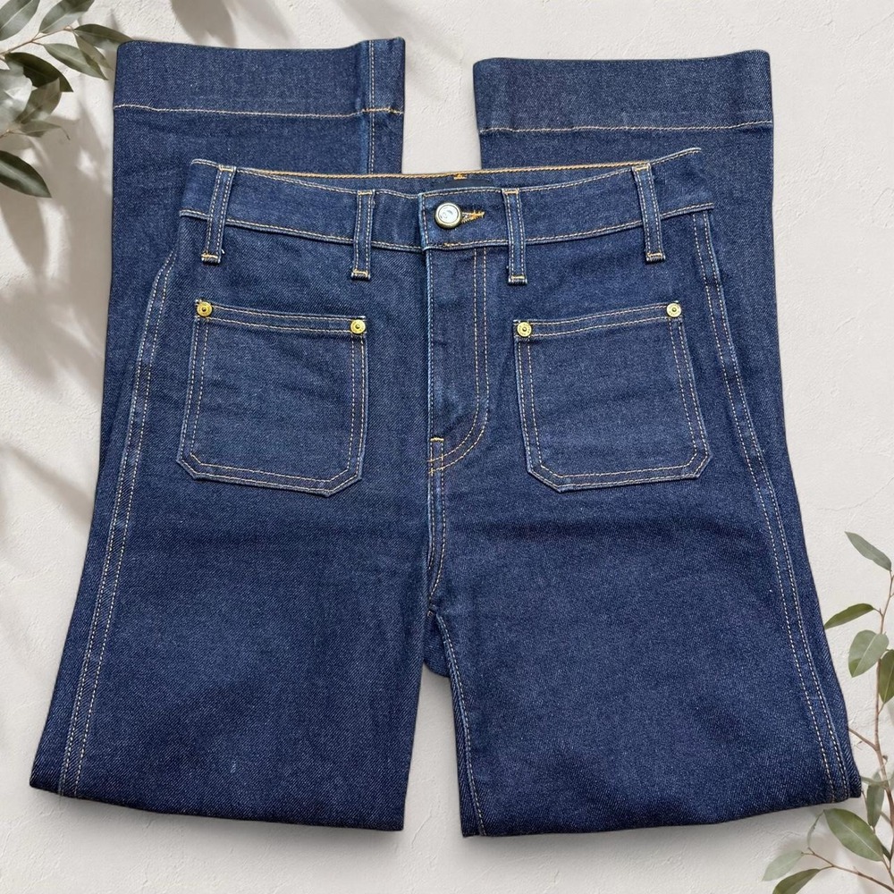 KHAITE Raquel Cropped Flare Jeans Dark Indigo High Rise Patch Pockets Size 25